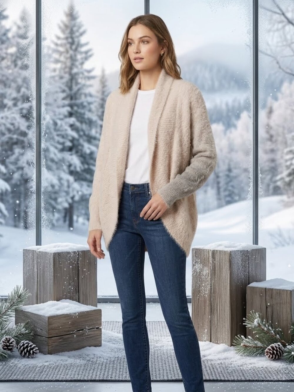 BB Dakota Ivory Faux Fur Open Front Cardigan Sweater S